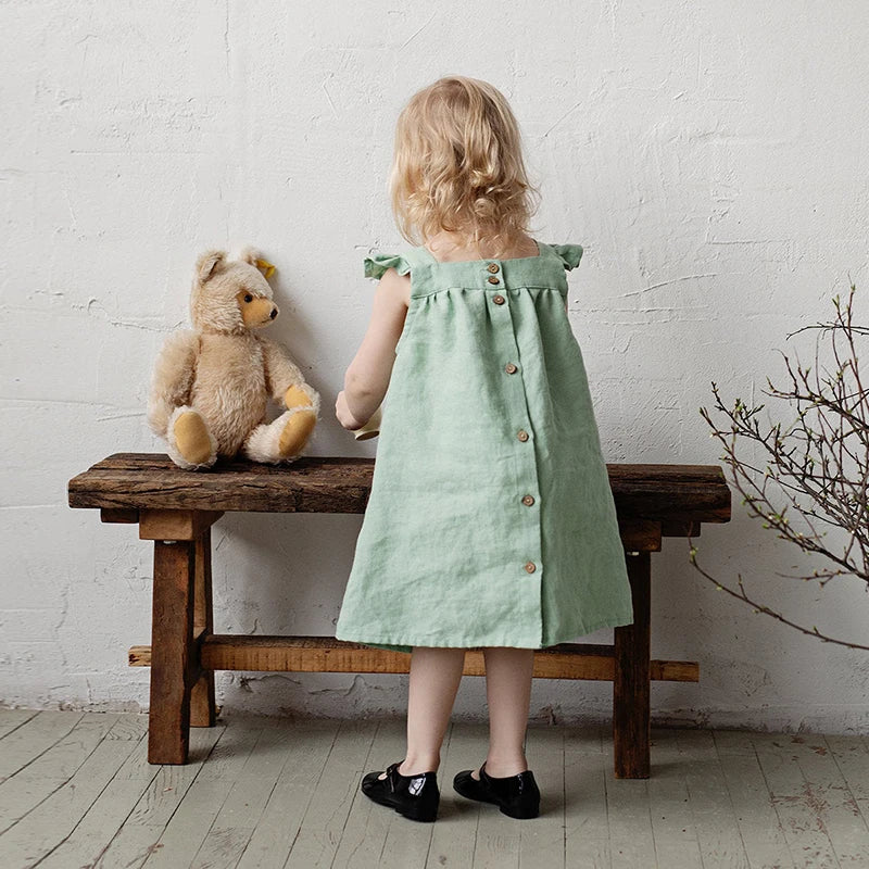 Vestido de lino para niñas, novedad de verano 2022, mangas de pétalos literarias, vestidos sueltos de princesa con tirantes para niñas, TZ04 2022