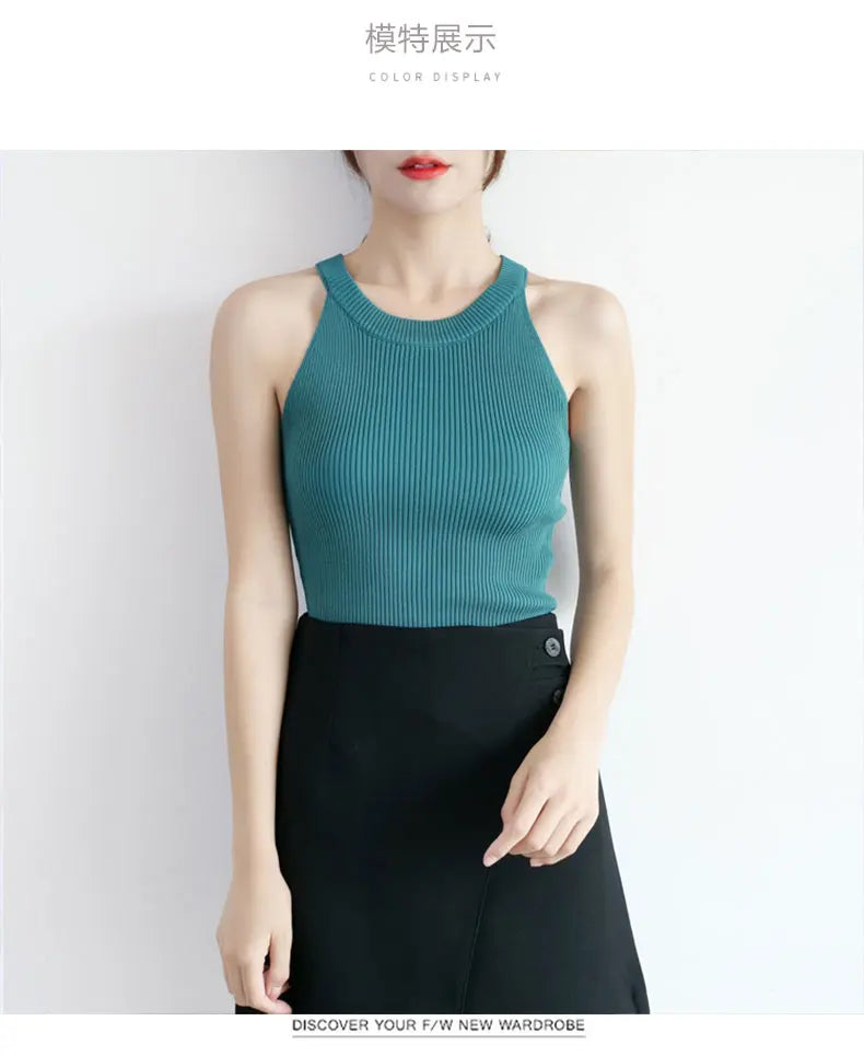 Tops Women Crop Top Off Shoulder Stretchy Knitted Tank Tops Female Sleveless Vest Halter Casual Summer Tops For Women