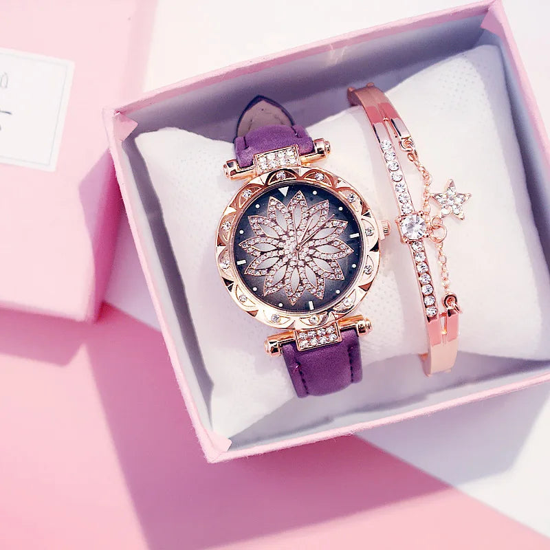 Fashion Flowers Diamond Women Watch + Bracelet Set Luxury Brand Quartz Watches Reloj Mujer Casual Leather Wristwatch Ladyes Gift