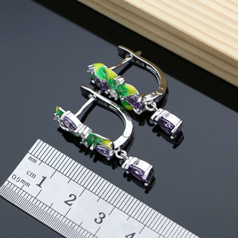 Purple Amethyst Silver 925 Jewelry Sets Charm Enamel Drop Earrings Women Handmade Decoration Luxury Jewellry