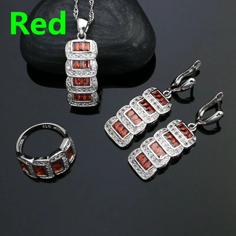 925 Silver Bridal Jewelry Sets For Women Multicolor Cubic Zirconia White Crystal Earrings Pendant Ring Necklace