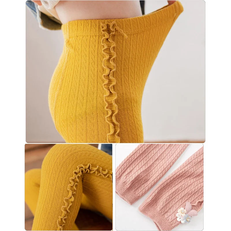 0-8Y Kids Knitted Leggings Tights Autumn Children Cotton Double Needle Tights for Girls Cute Lace Baby Girl Winter Clothes