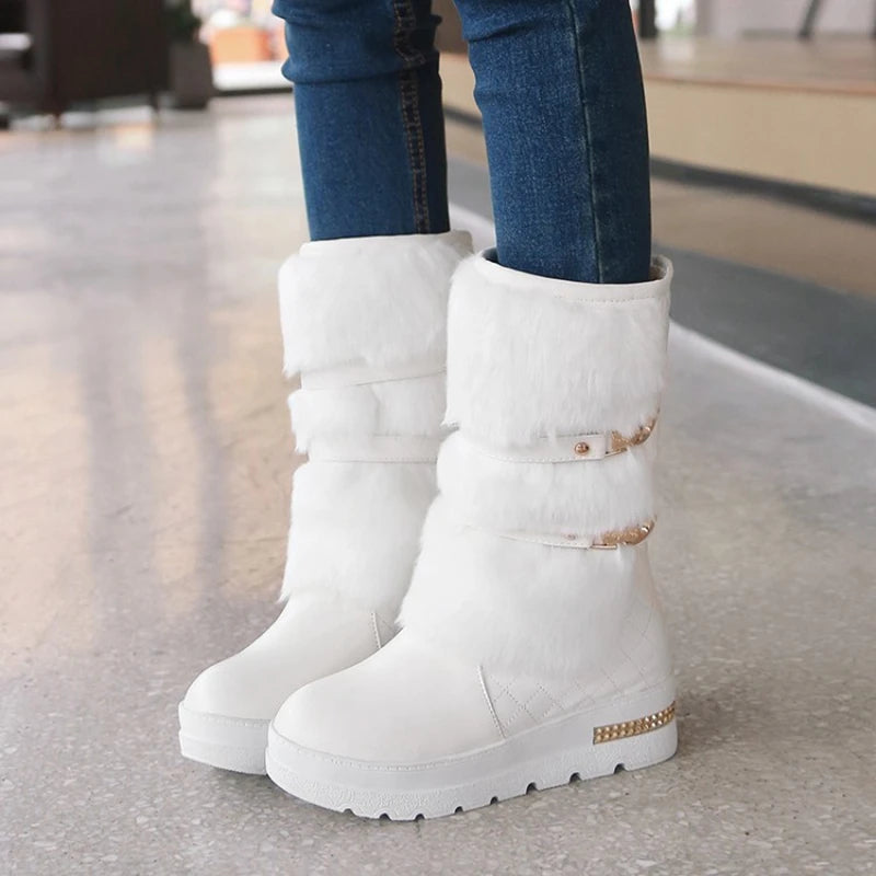New Winter Warm Snow Boots Women Thick Fur Insidewedges Heel Mid-calf Female White Black Platform Boots 581