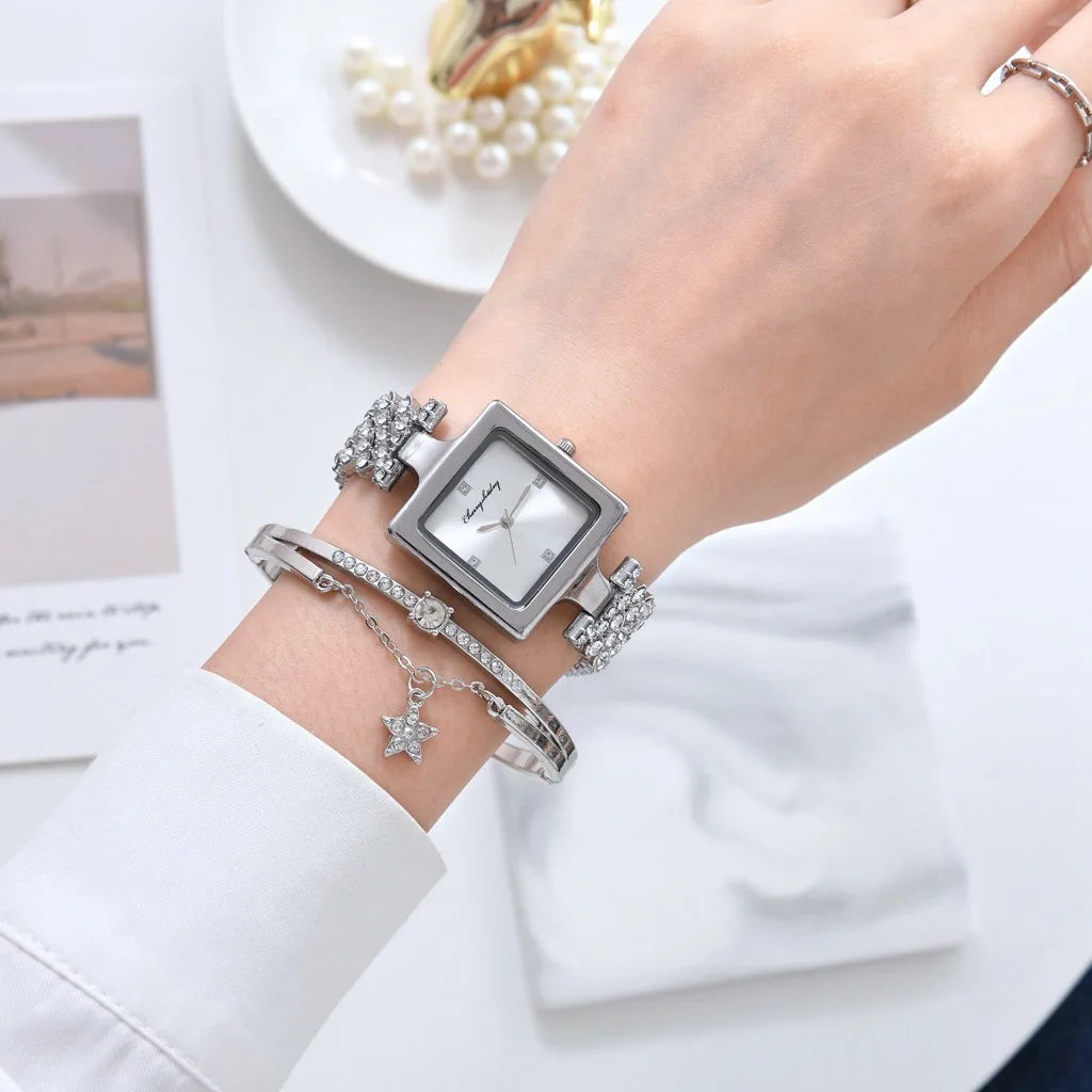 Luxury Square Dial Watches For Women Crystal Steel Quartz Ladies Watch Set Fashion Bracelet Female's Wristwatch Rose Gold Gift