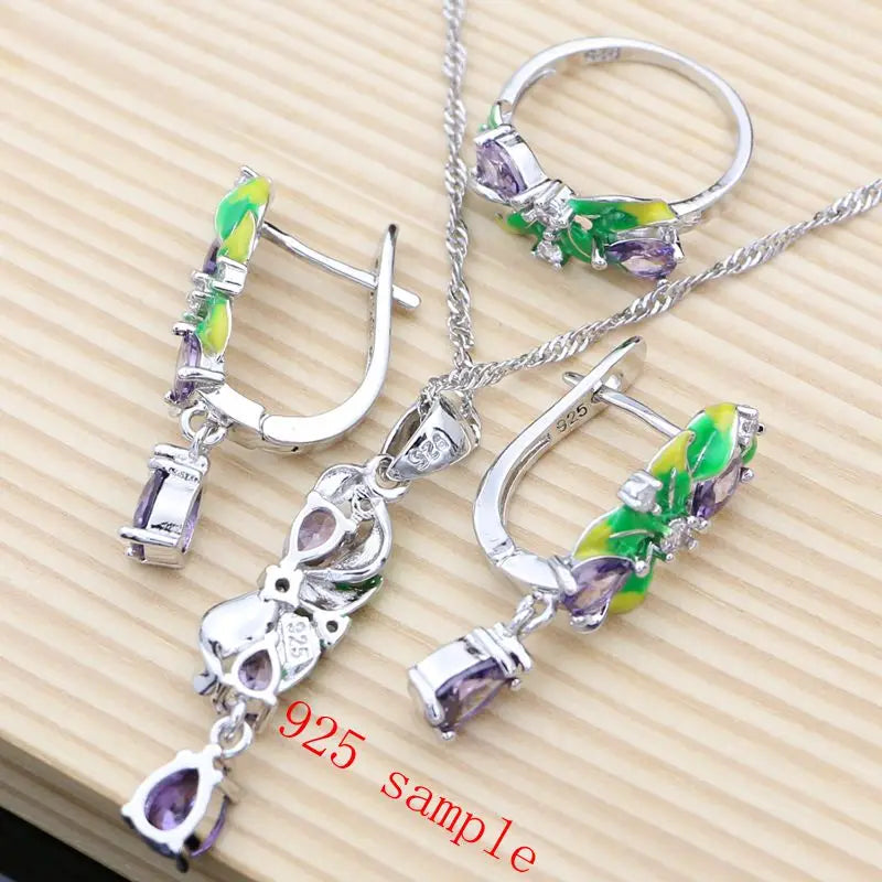 Purple Amethyst Silver 925 Jewelry Sets Charm Enamel Drop Earrings Women Handmade Decoration Luxury Jewellry