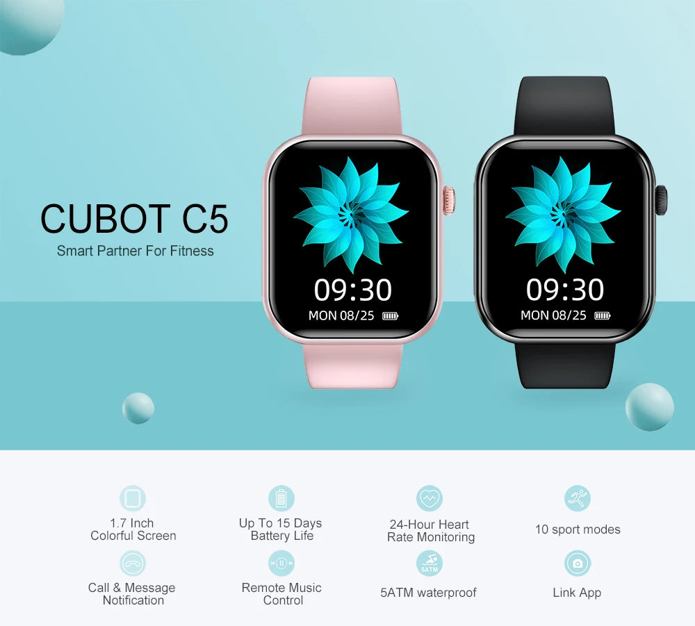 Cubot C5 Smart Watch 1.7"Heart Rate Monitor 10 Sport Modes 5ATM Waterproof Call Message Notification Women Men Sports Smartwatch