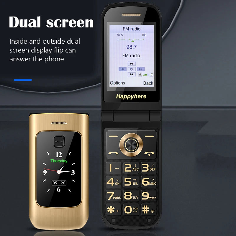 Happyhere F18 unlocked Flip Mobile Phones dual screen Speed dial celular SOS MP3 FM torch Push-button keyboard cheap cell phone