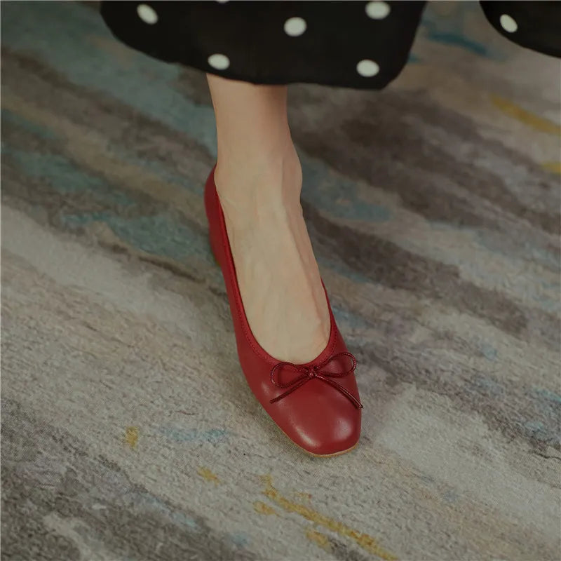 2025 Genuine Leather Women Shoes Fashion Butterfly-knot Spring and Autumn Pumps Slip-On Casual Shoes Chunky Heel Size 34-40
