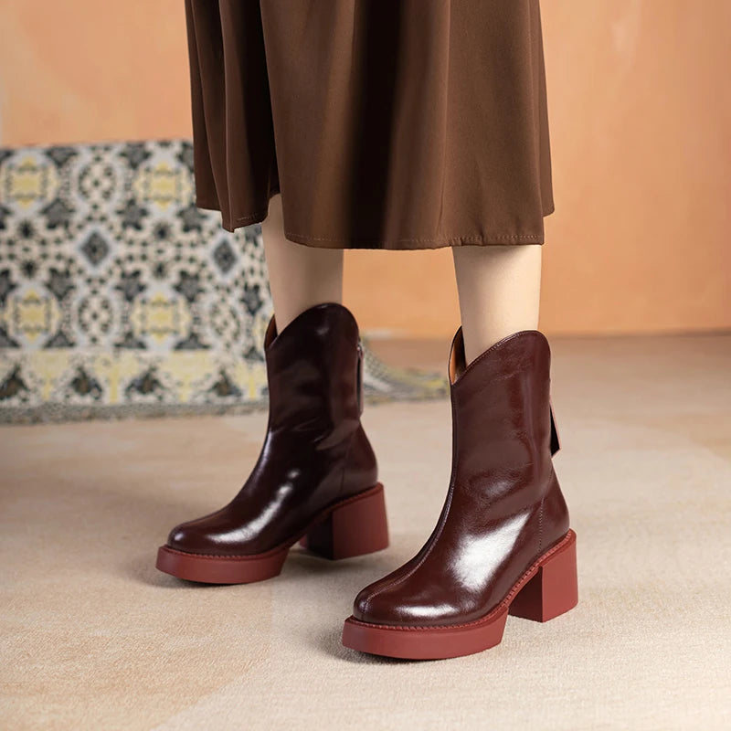 2022 Winter New Women Boots Women Shoes Round Toe Square Heel Real Wool Thick Heel Short Boots Solid Color Womens Platform Heels
