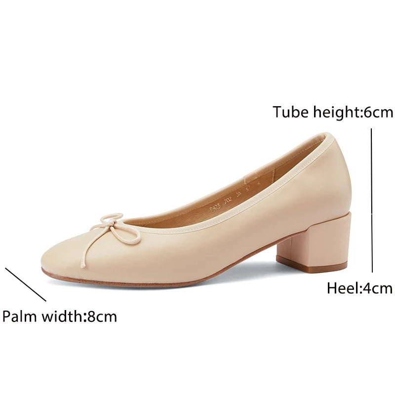 2025 Genuine Leather Women Shoes Fashion Butterfly-knot Spring and Autumn Pumps Slip-On Casual Shoes Chunky Heel Size 34-40