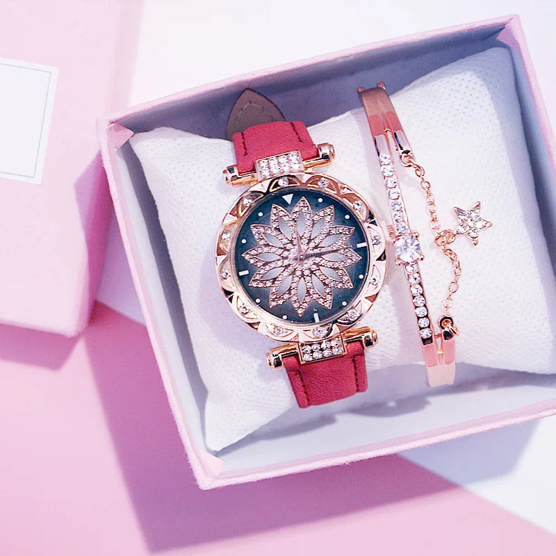 Fashion Flowers Diamond Women Watch + Bracelet Set Luxury Brand Quartz Watches Reloj Mujer Casual Leather Wristwatch Ladyes Gift