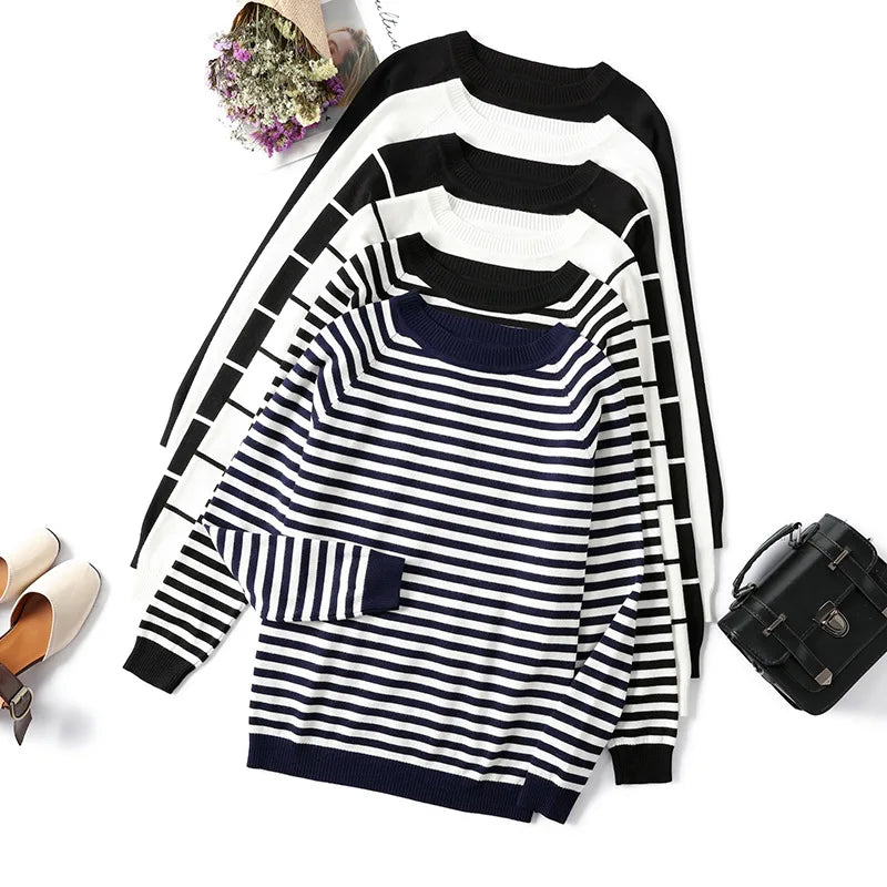 2025 New Long Sleeve Striped Pullover Women Sweater Knitted Sweaters O-Neck Tops Korean Pull Jumper Female Tailor-made T-Shirts