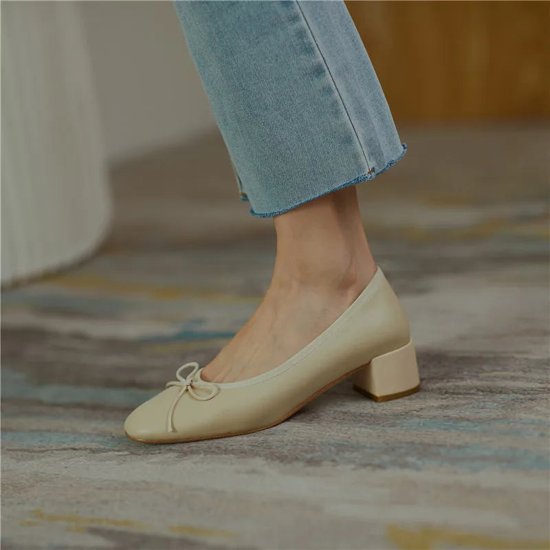 2025 Genuine Leather Women Shoes Fashion Butterfly-knot Spring and Autumn Pumps Slip-On Casual Shoes Chunky Heel Size 34-40