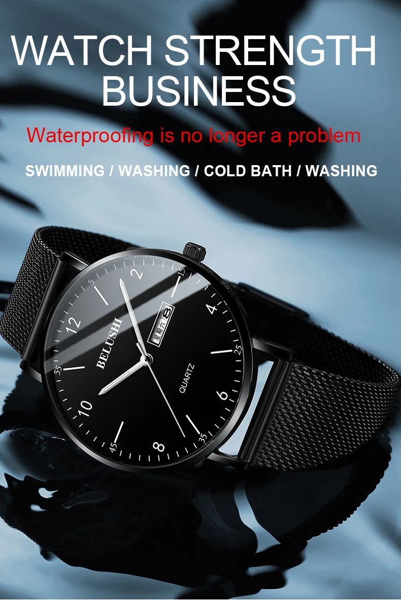 BELUSHI Quartz Watch for Men Luxury Mesh Steel Casual Watches Waterproof Business Male Wristwatch