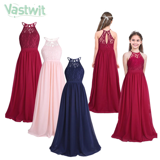 Princess Halter Flower Girl Dress Wedding Birthday Party Kids Lace Chiffon Dresses For Girls Children's Costume Teenager Prom