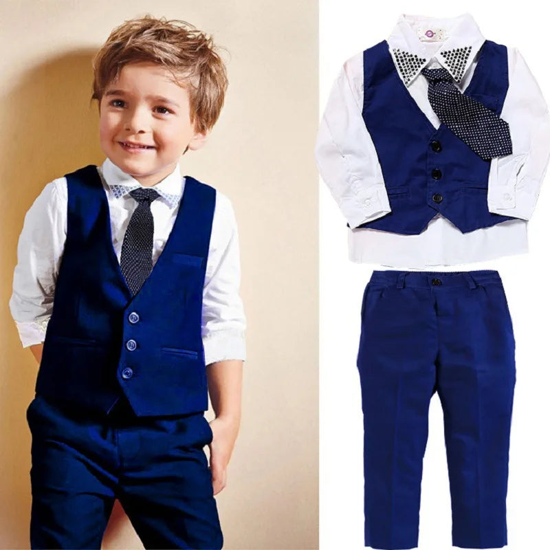 Trajes para niños, corbata para niños pequeños, camisas blancas, chaleco azul marino, pantalones largos, conjuntos de caballero para bebés, trajes para niños, Tops, ropa para niños, esmoquin