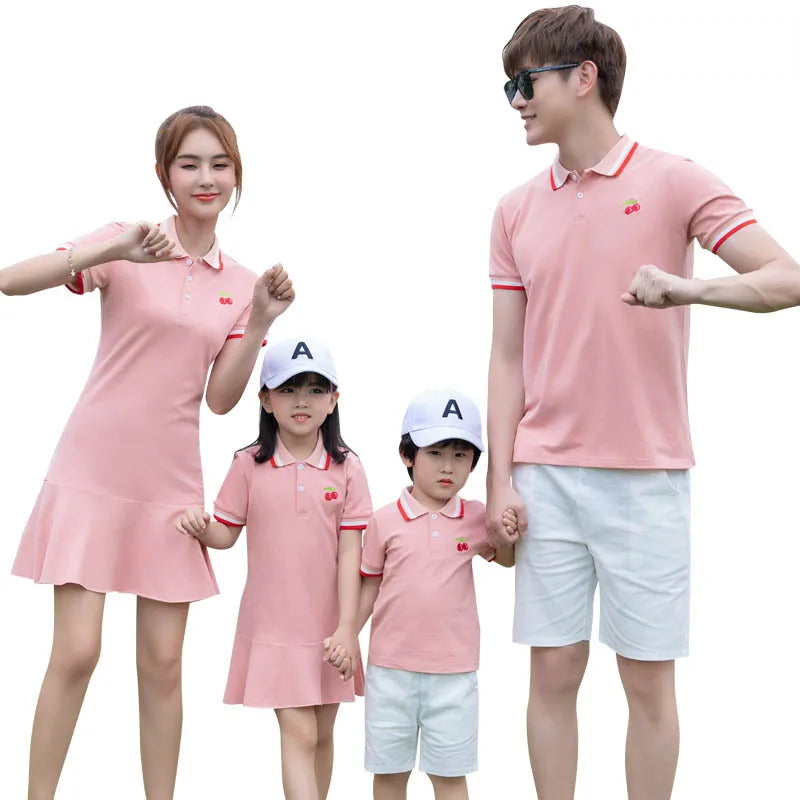 Family matching outfits boys Polo t shirt girls dress mother girls dresses pink mommy and me clothes Mother/Father/Kid dad son