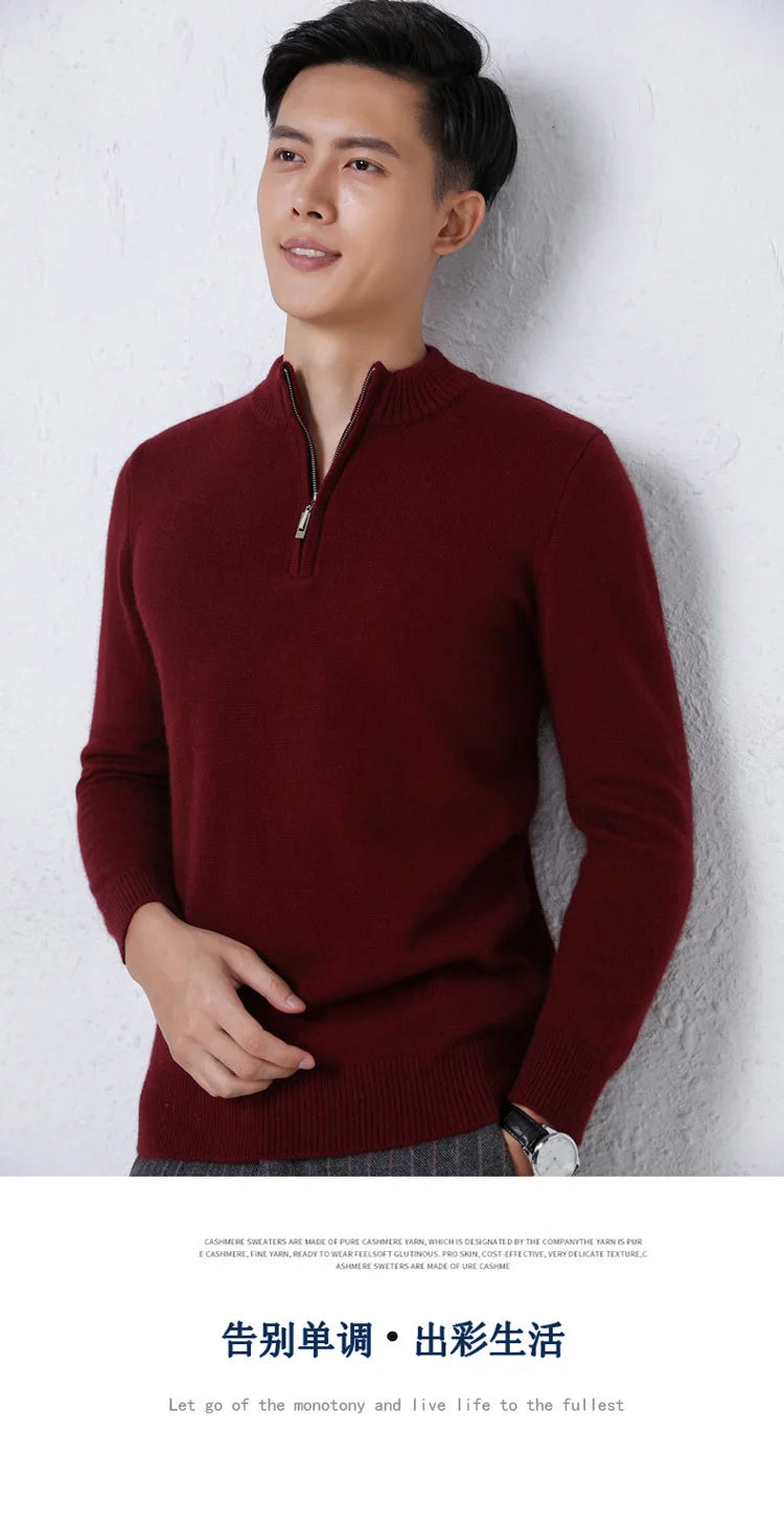 2025 New Pure Cashmere Sweater Men's Knit Large Size High-End Top 100%Wool Half High Neck Thick Pullover Winter Youth Wild Warm