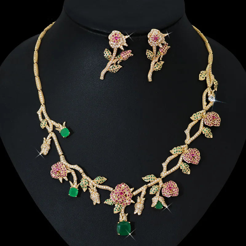 HIBRIDE Gold Color Rose Flower Bridal Necklace Jewelry Sets Luxury CZ Jewelry for Women Wedding Accessories bijoux femme N-1227