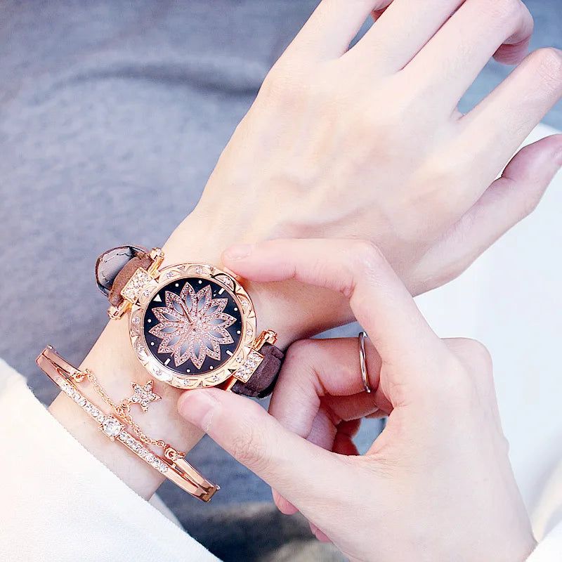 Fashion Flowers Diamond Women Watch + Bracelet Set Luxury Brand Quartz Watches Reloj Mujer Casual Leather Wristwatch Ladyes Gift