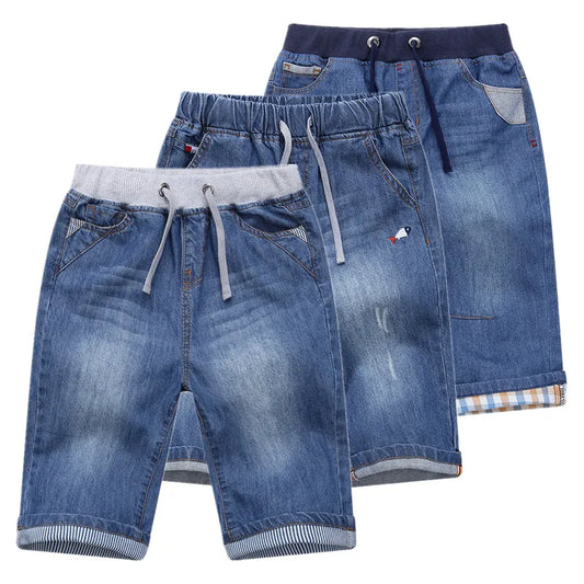 Boys Jean Shorts Summer Brand Design Printing Embroidery Lattice Kids Denim Shorts For Teen Boys 2-14Years Wear DWQ101