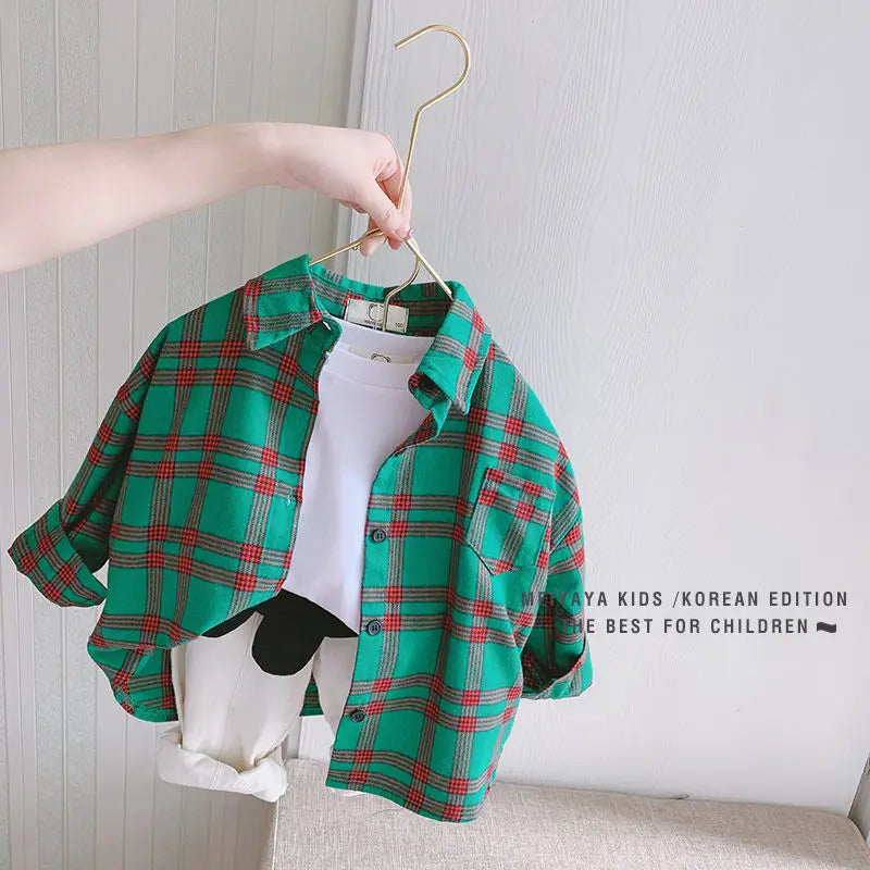 Spring 100% Cotton Casual Plaid Blouse Summer Striped Shirt Korean Baby Long Sleeve Tops Boys Shirts School Girls Blouses