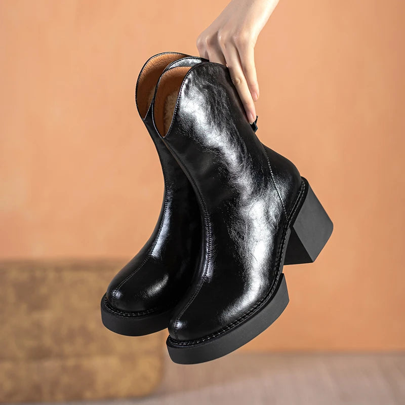 2022 Winter New Women Boots Women Shoes Round Toe Square Heel Real Wool Thick Heel Short Boots Solid Color Womens Platform Heels