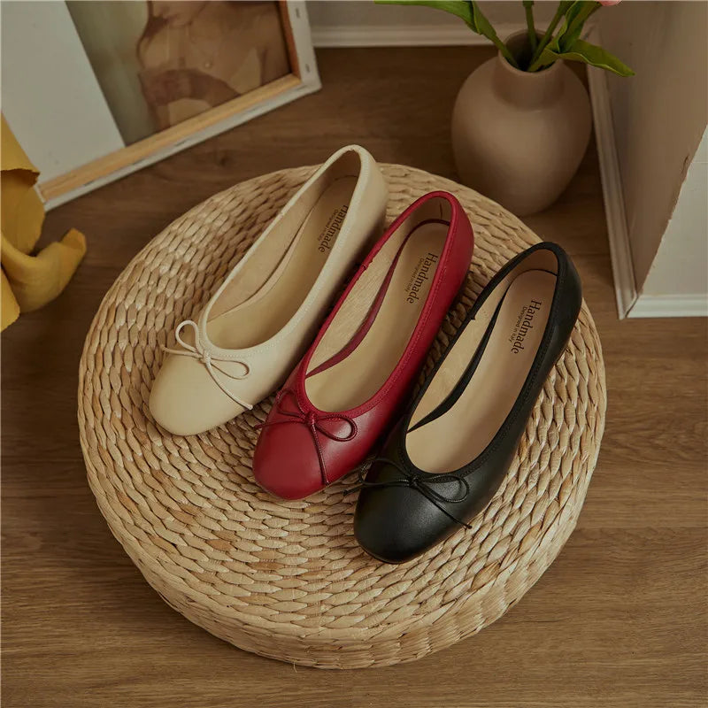 2025 Genuine Leather Women Shoes Fashion Butterfly-knot Spring and Autumn Pumps Slip-On Casual Shoes Chunky Heel Size 34-40