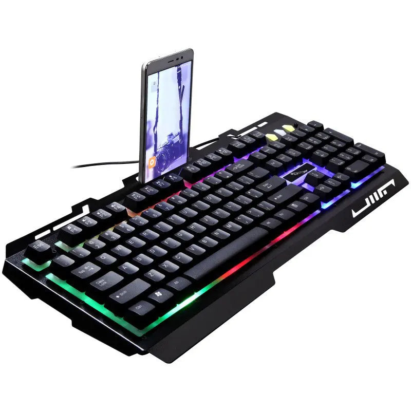 Wired Gaming Keyboard with Phone Holder Suspended Button Mechanical Touch Sense Metal Panel 104 Laser Gamer Keycaps RGB Lighting