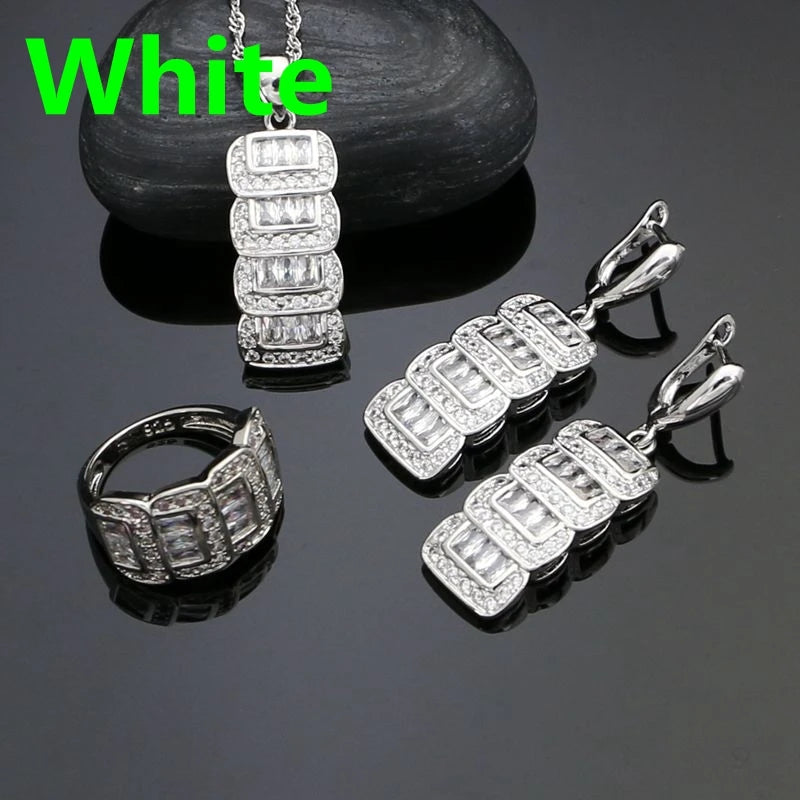 925 Silver Bridal Jewelry Sets For Women Multicolor Cubic Zirconia White Crystal Earrings Pendant Ring Necklace
