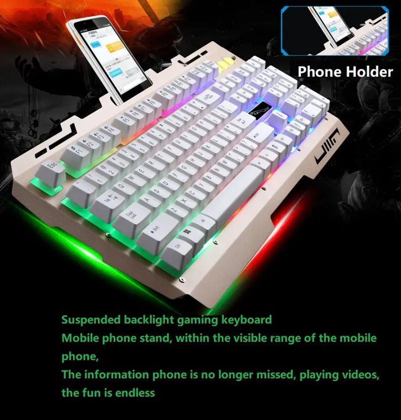 Wired Gaming Keyboard with Phone Holder Suspended Button Mechanical Touch Sense Metal Panel 104 Laser Gamer Keycaps RGB Lighting