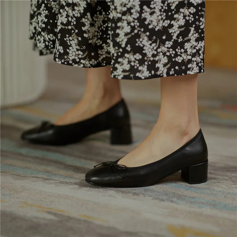 2025 Genuine Leather Women Shoes Fashion Butterfly-knot Spring and Autumn Pumps Slip-On Casual Shoes Chunky Heel Size 34-40