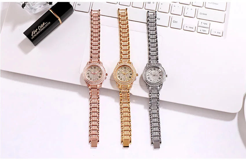 Luxury Women Watches Fashion Diamond Golden Ladies Quartz Watch Bracelet Set Dial Simple Rose Female Chain Women Watches