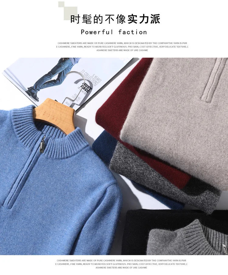 2025 New Pure Cashmere Sweater Men's Knit Large Size High-End Top 100%Wool Half High Neck Thick Pullover Winter Youth Wild Warm