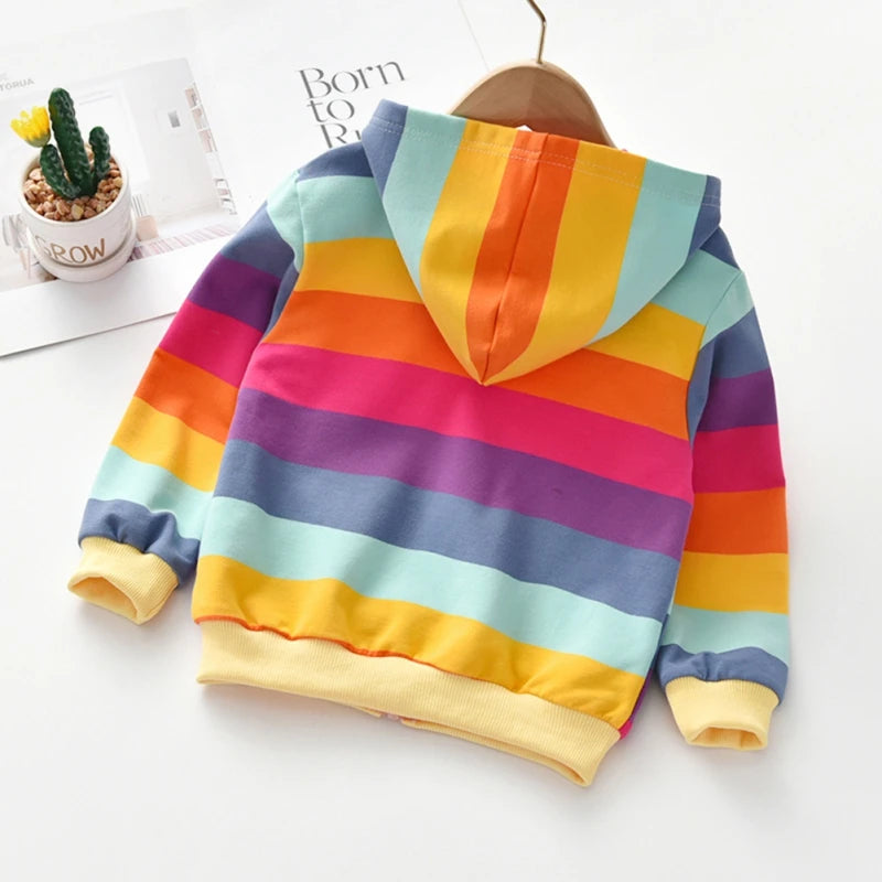 Otoño, chaqueta con capucha para niñas, suéter para niños, camisa a rayas del arco iris, camiseta de manga larga, Tops para niños, sudadera con cremallera, abrigo para niños