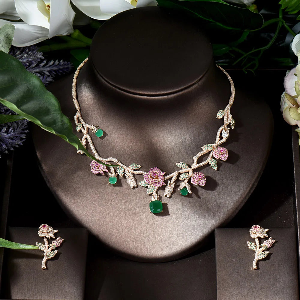 HIBRIDE Gold Color Rose Flower Bridal Necklace Jewelry Sets Luxury CZ Jewelry for Women Wedding Accessories bijoux femme N-1227