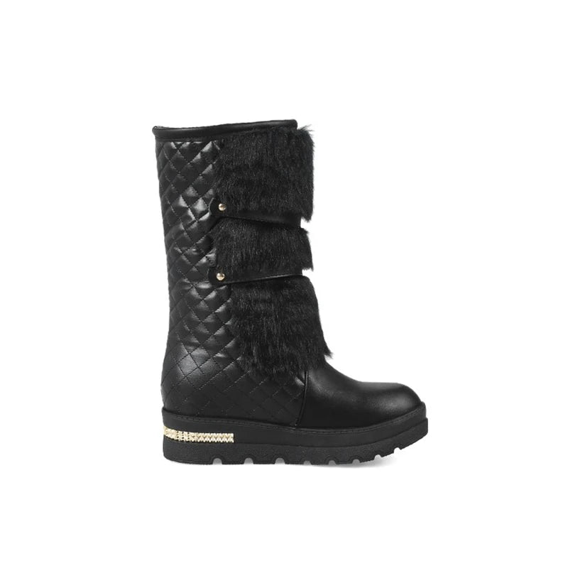 New Winter Warm Snow Boots Women Thick Fur Insidewedges Heel Mid-calf Female White Black Platform Boots 581