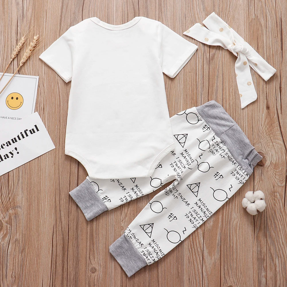 Newborn Baby Clothes New Summer Magic Is Everywehre Letter Print Romper+Pants+Hat Headband 3PCS Baby Boy Girl Clothing Sets