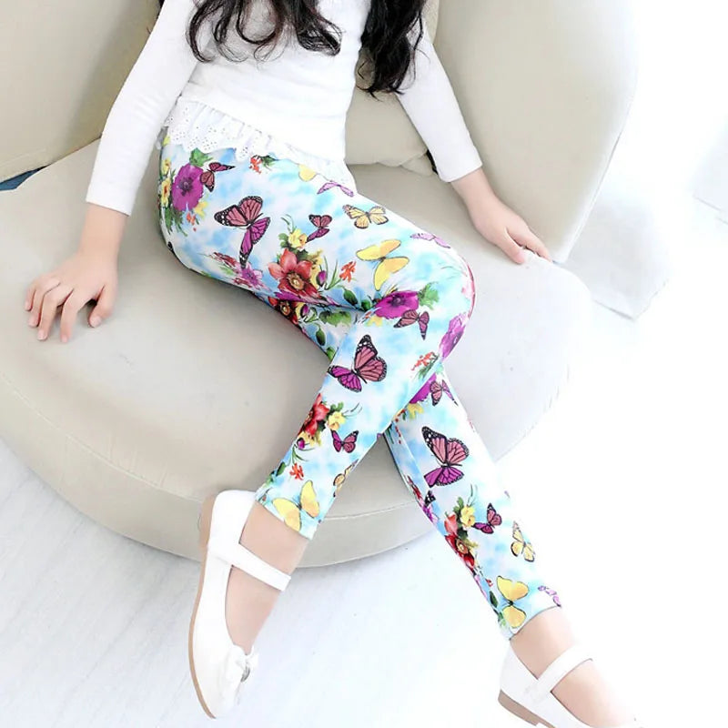 Girls Leggings Stretch Spring Summer Flower Printed Kids Children Pants