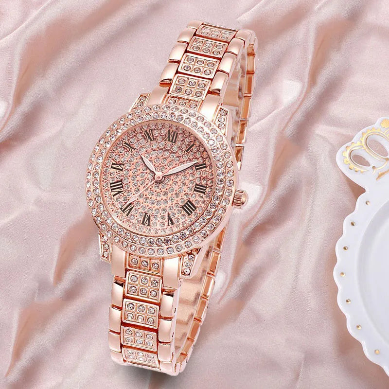 Luxury Women Watches Fashion Diamond Golden Ladies Quartz Watch Bracelet Set Dial Simple Rose Female Chain Women Watches