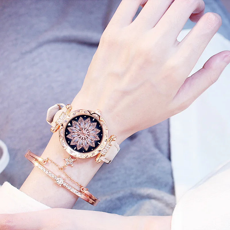 Fashion Flowers Diamond Women Watch + Bracelet Set Luxury Brand Quartz Watches Reloj Mujer Casual Leather Wristwatch Ladyes Gift