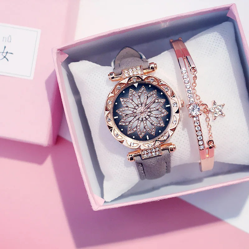 Fashion Flowers Diamond Women Watch + Bracelet Set Luxury Brand Quartz Watches Reloj Mujer Casual Leather Wristwatch Ladyes Gift