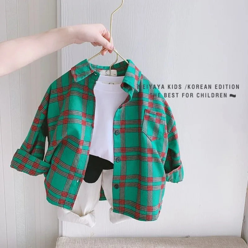 Spring 100% Cotton Casual Plaid Blouse Summer Striped Shirt Korean Baby Long Sleeve Tops Boys Shirts School Girls Blouses