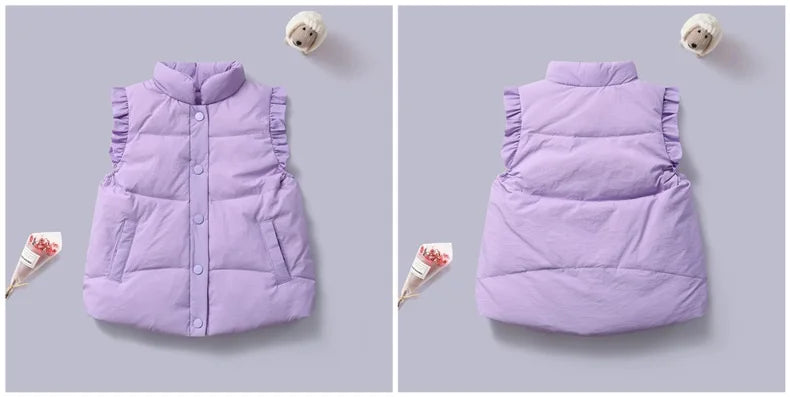 Winter Baby and Girls Ruffled Sleeves Single-Breasted Puffer Vest Jackets School Kids Down Waistcoat Child Outfit Tops 2-10 Yr
