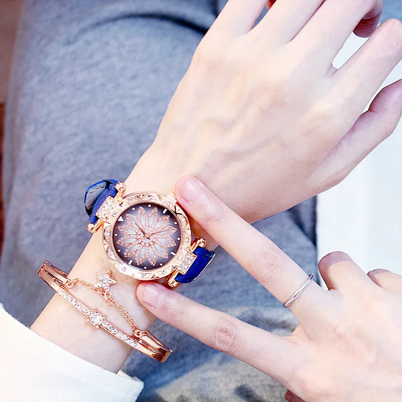 Fashion Flowers Diamond Women Watch + Bracelet Set Luxury Brand Quartz Watches Reloj Mujer Casual Leather Wristwatch Ladyes Gift