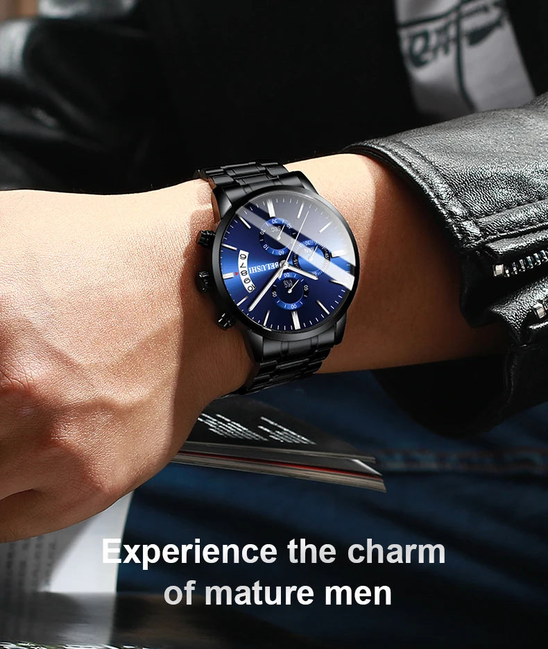 BELUSHI Mens Watches Full Steel Chronograph Waterproof Sport Quartz Watch Men Top Brand Luxury Wristwatches Relogio Masculino