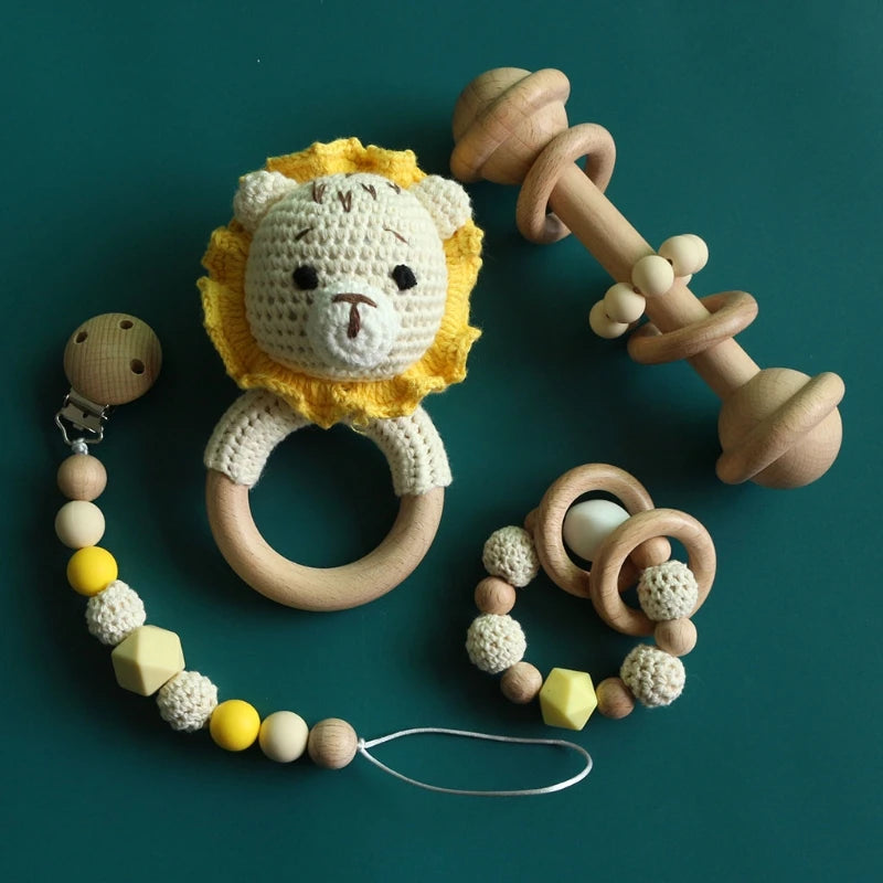 Baby Rattle Crochet Elk Fox Bear Teether Rattle With Bells Newborn Montessori Educational Toy Wooden Rings Baby Toys