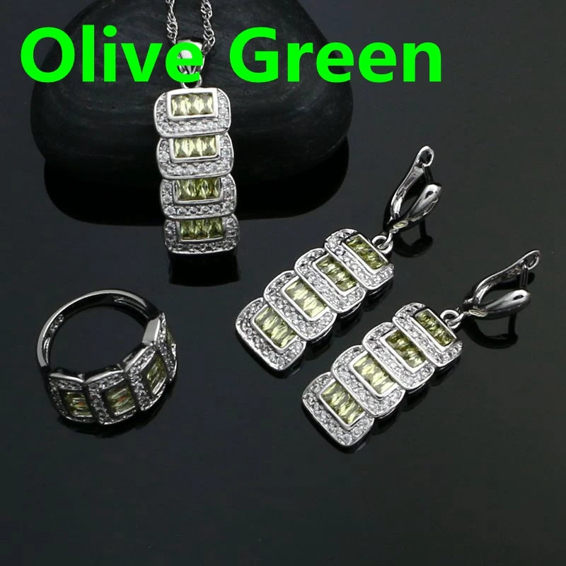 925 Silver Bridal Jewelry Sets For Women Multicolor Cubic Zirconia White Crystal Earrings Pendant Ring Necklace