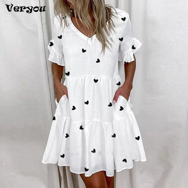 Casual Ruffles Loose V-Neck Dress Women Summer Short Sleeve Floral Print Woman Dress 2024 Fashion White Beach Dresses