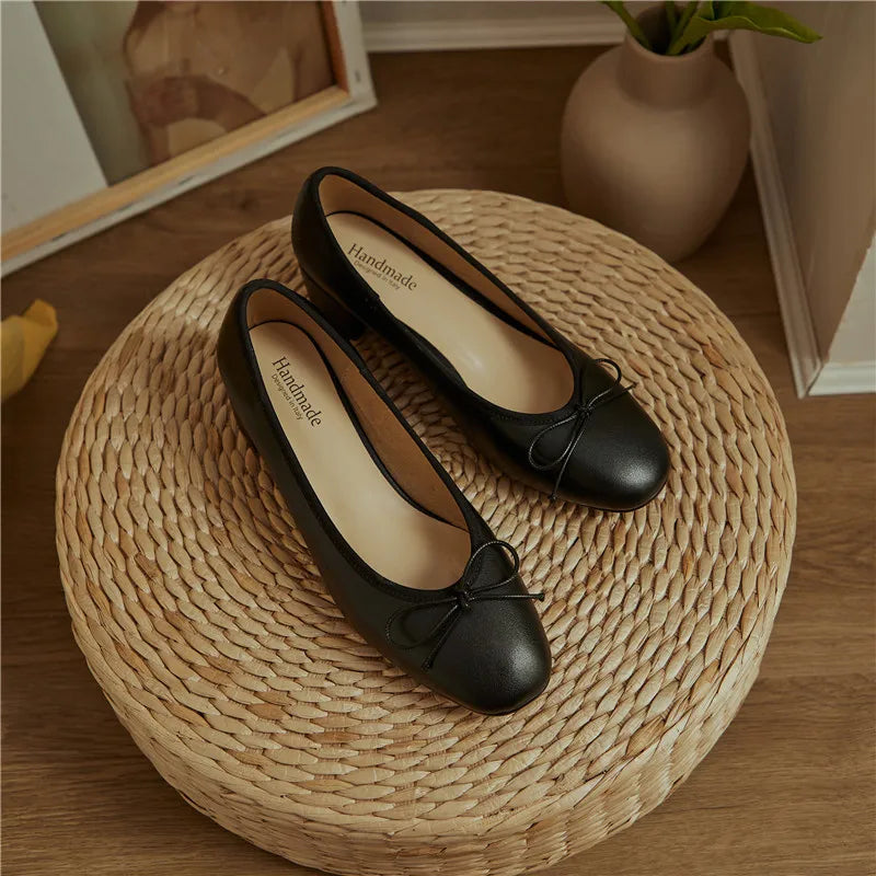 2025 Genuine Leather Women Shoes Fashion Butterfly-knot Spring and Autumn Pumps Slip-On Casual Shoes Chunky Heel Size 34-40